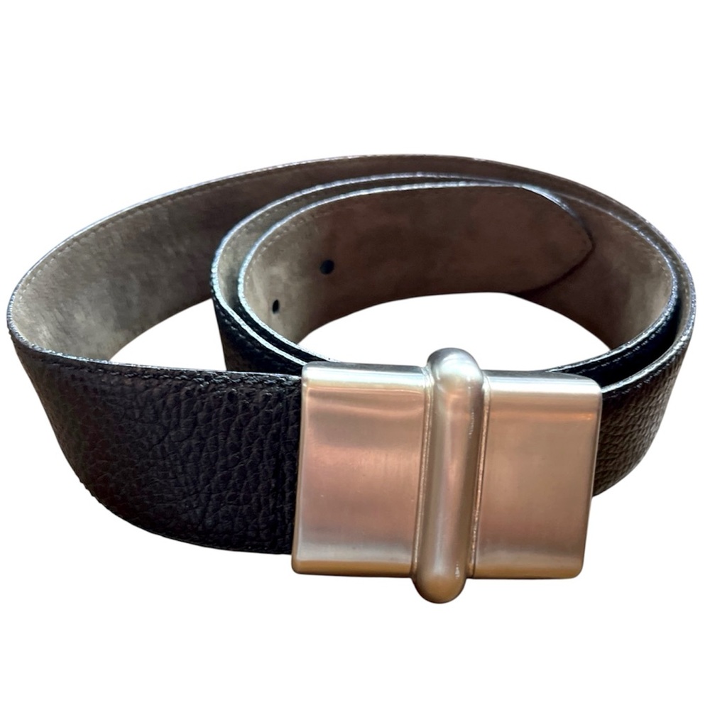 Searle Paradiek Handmade Black Wide Leather Pebble Belt with Silver Buckle 32-36